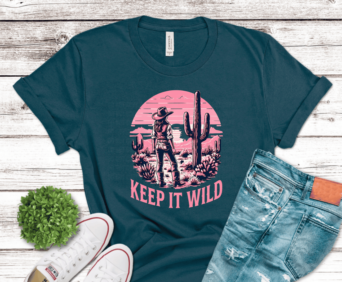 Keep It Wild Cowboy Cactus sunset DTF transfer, ready to press heat transfer for western shirts