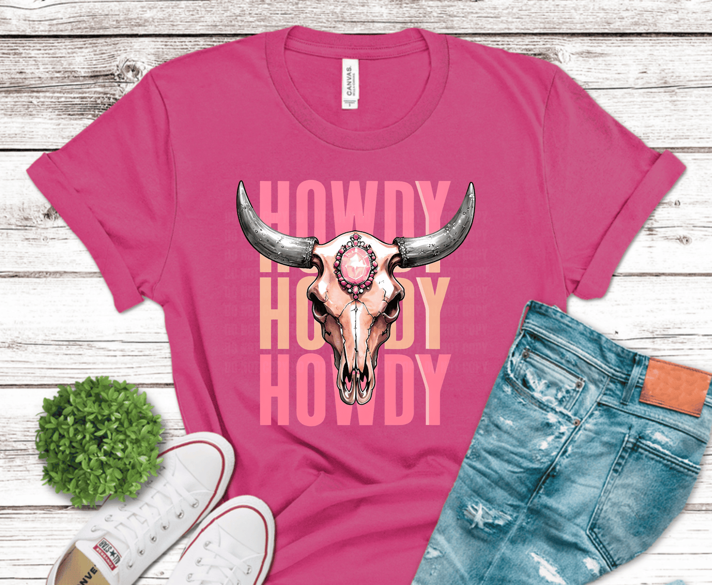 Howdy Howdy Howdy Bull Skull DTF transfer, ready to press heat transfer for western shirts