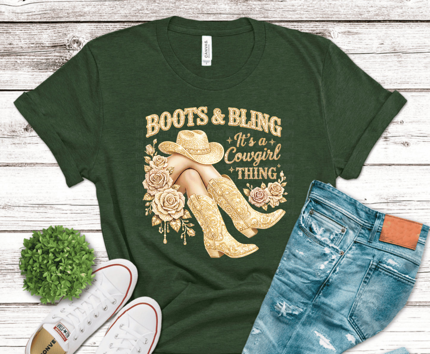 Boots & Bling Cowgirl DTF transfer, ready to press heat transfer for western shirts