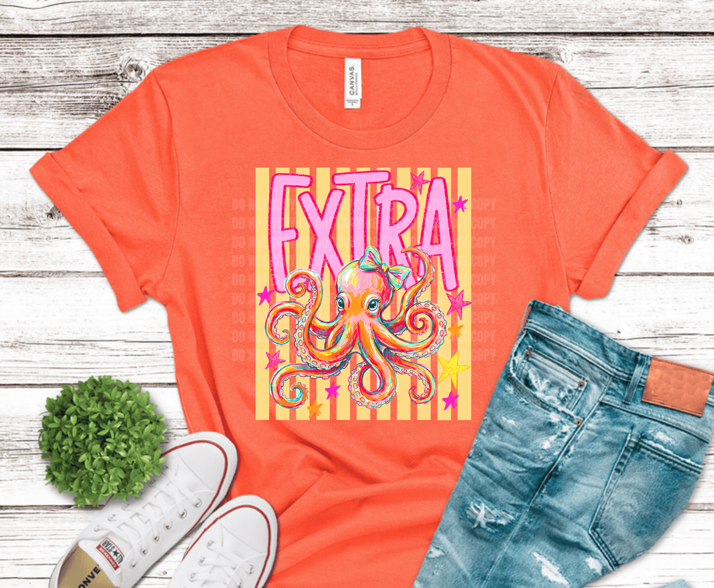 Extra Octopus colorful DTF transfer, ready to press heat transfer for fun shirts