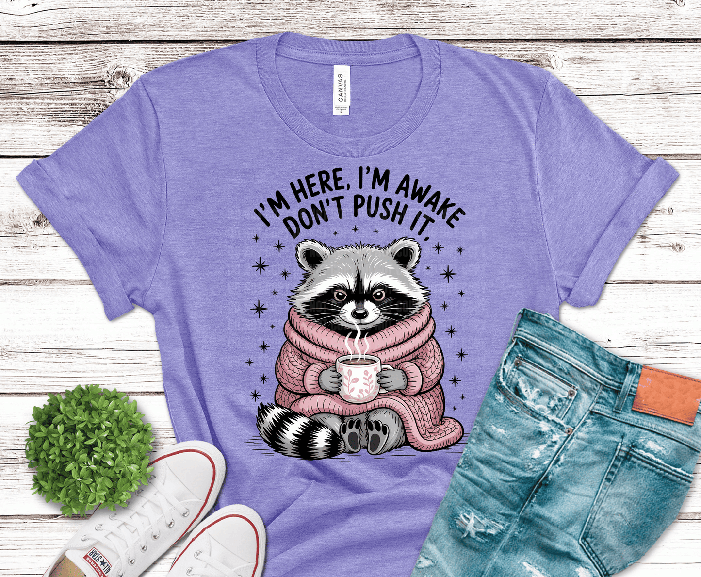 I'm Here I'm Awake Don't Push It raccoon DTF transfer, ready to press heat transfer for funny shirts