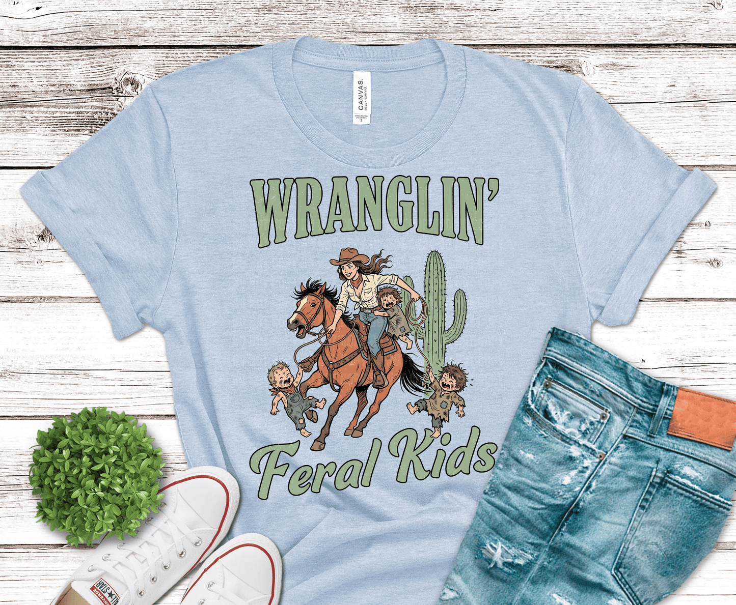 Wranglin Feral Kids cowboy DTF transfer, ready to press heat transfer for western shirts
