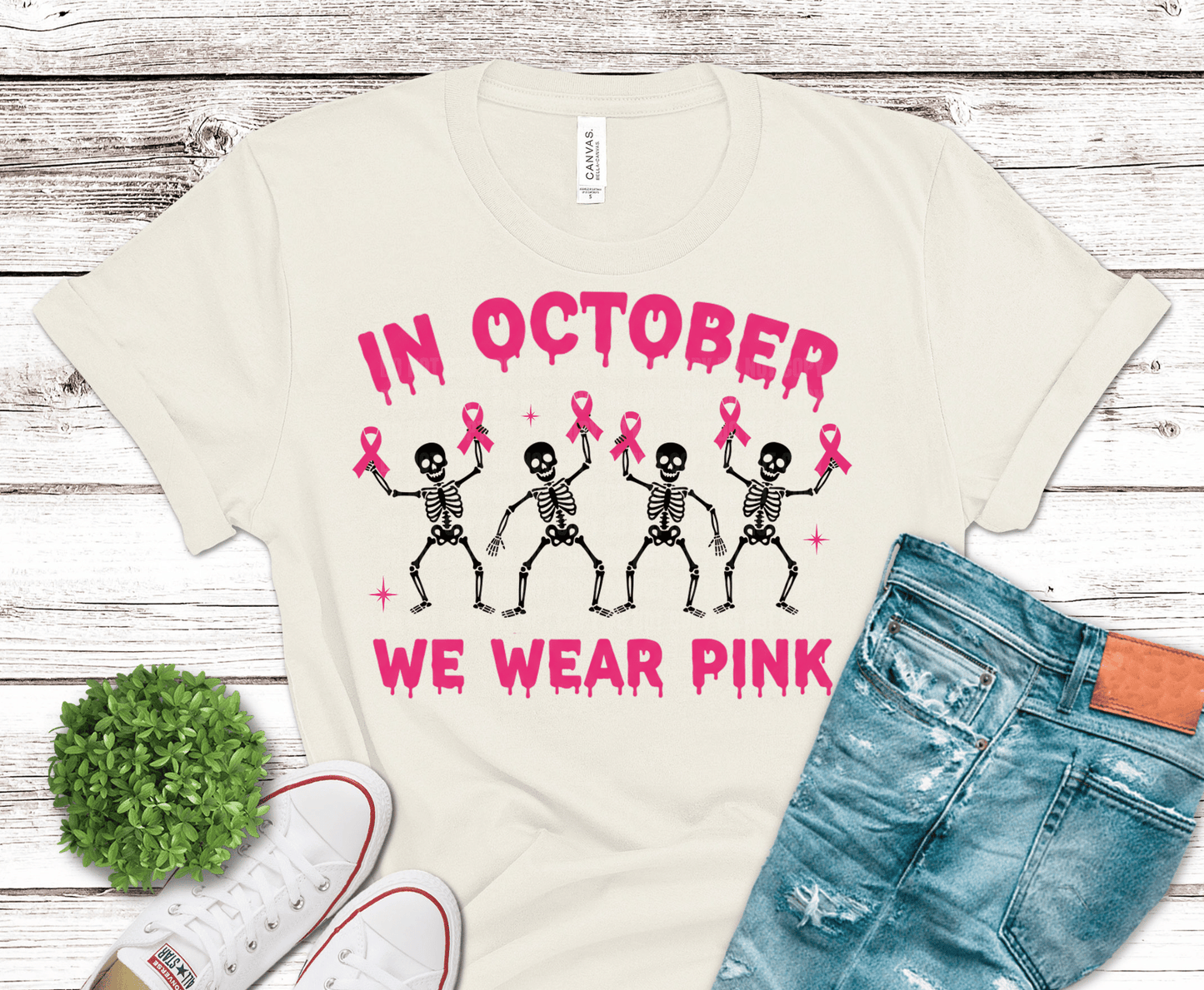 In October We Wear Pink Dancing Skeleton DTF Transfer – Awareness Shirt Ready to Press