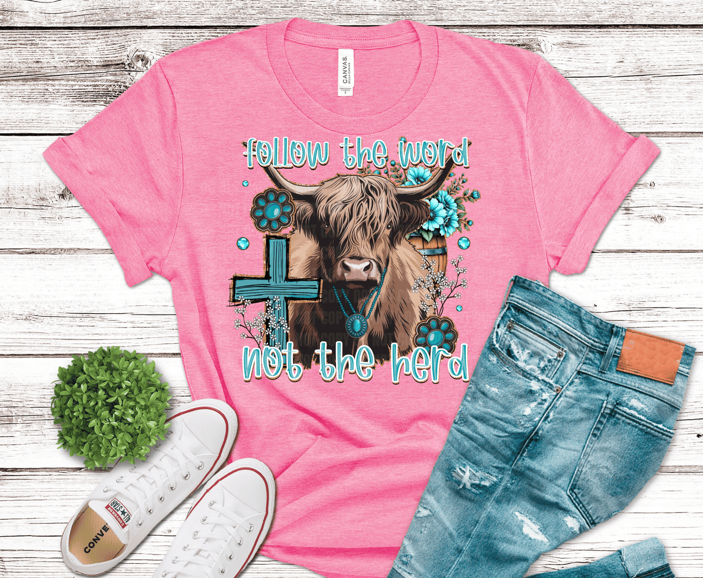 Follow The Word Not The Herd Highland Cow DTF transfer, ready to press heat transfer for Christian shirts