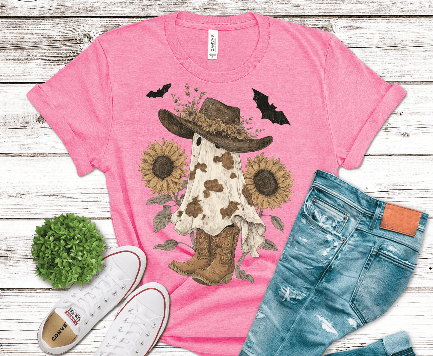 Ghost Boots Cow DTF transfer, ready to press heat transfer for Halloween shirts