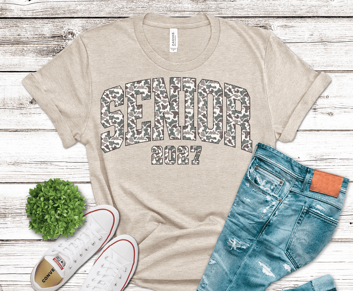 Senior 2027 Camo Varsity Retro DTF transfer, ready to press heat transfer for senior shirts