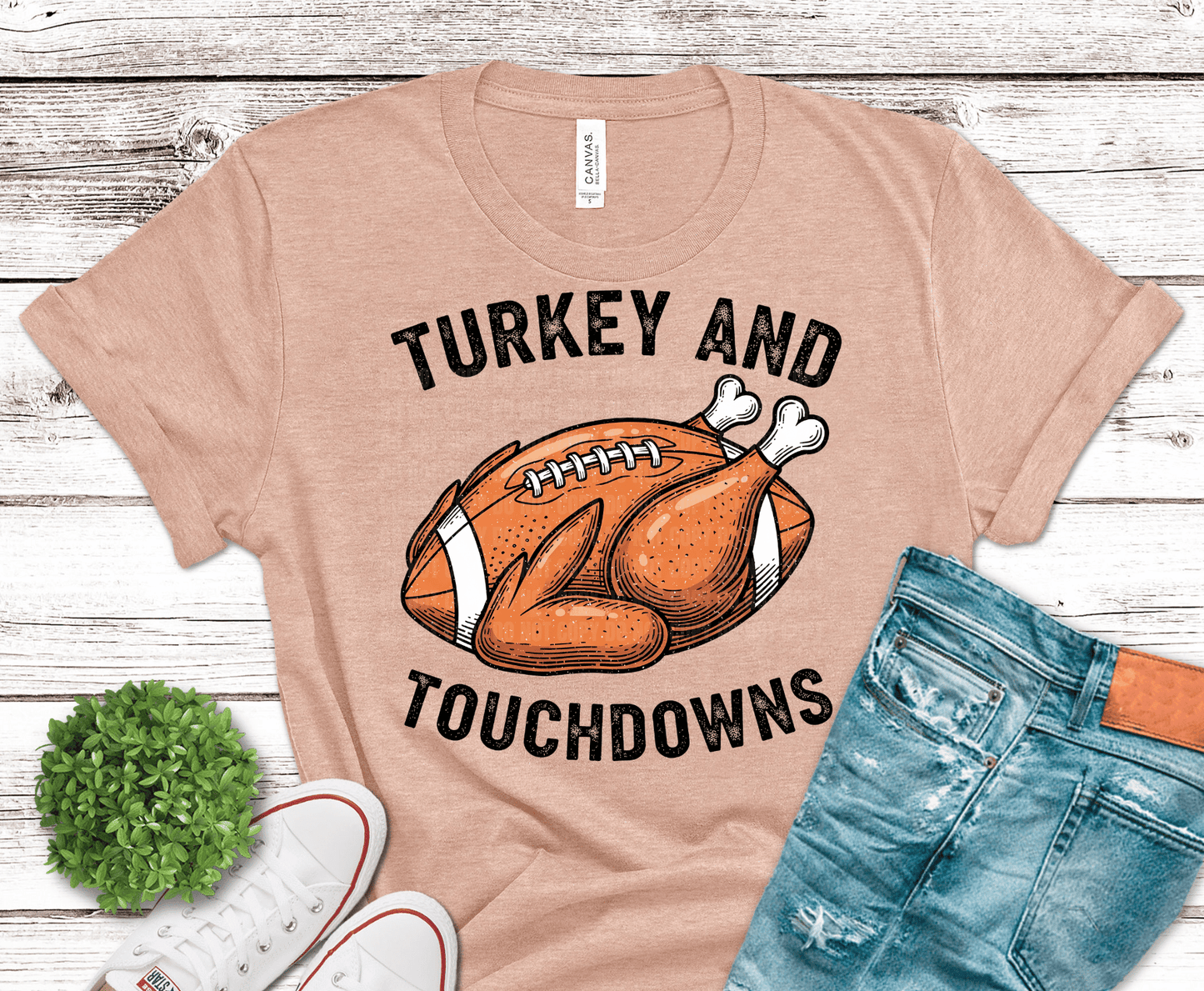 Turkey And Touchdowns football turkey DTF transfer, ready to press heat transfer for Thanksgiving shirts