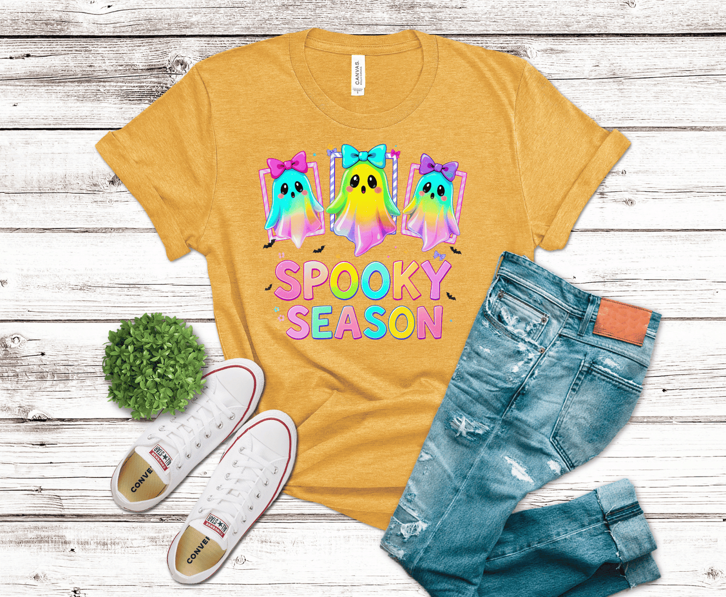 Neon Ghost Spooky Season DTF transfer, ready to press heat transfer for Halloween shirts