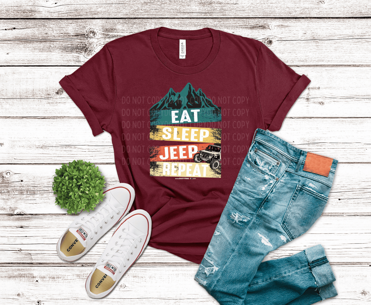 Eat Sleep Jeep Repeat design with mountains and off-road Jeep illustration in vintage colors, outdoor themed DTF transfer.