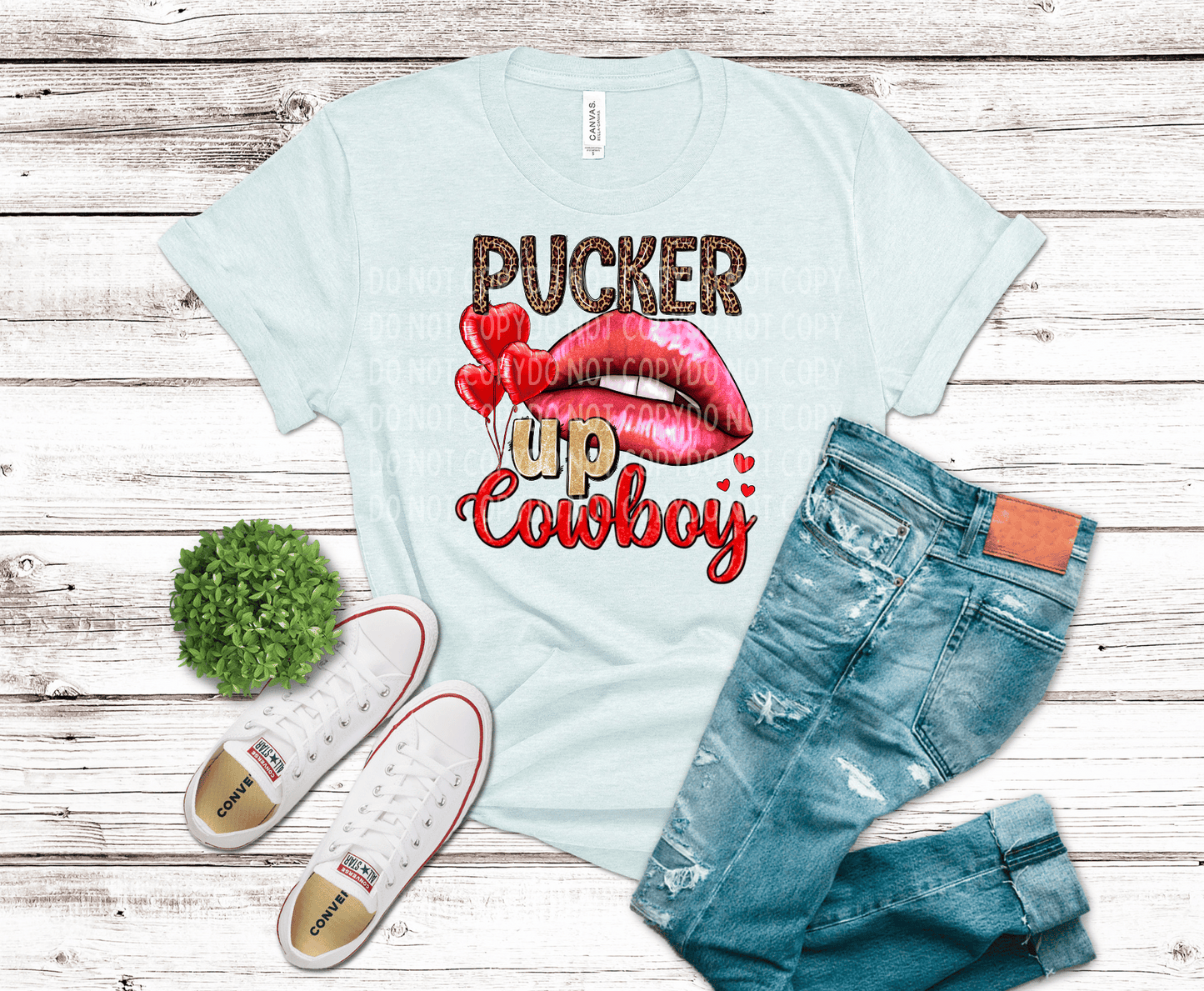 Pucker Up Cowboy DTF transfer featuring red lips, heart balloons, leopard print lettering, and western Valentine style graphics.