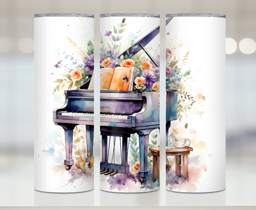Watercolored Floral Piano| Premium Sublimation Tumbler Transfers – Vibrant, Long-Lasting Designs