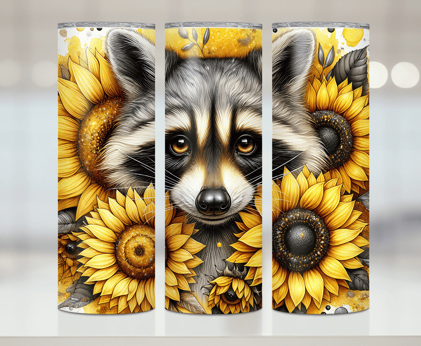 Racoon With Yellow Sunflowers | Premium Sublimation Tumbler Transfers – Vibrant, Long-Lasting Designs