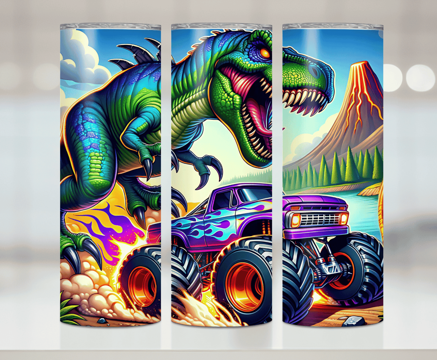 Dino And Monster Truck | Premium Sublimation Tumbler Transfers – Vibrant, Long-Lasting Designs
