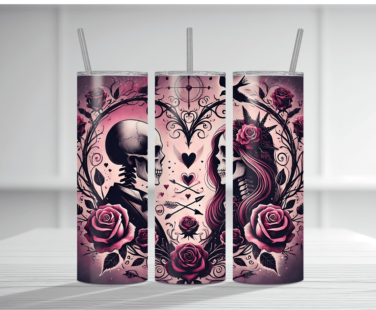 Gothic 20oz tumbler sublimation wrap featuring intertwined skulls, roses, and hearts in a pink and black romantic style.