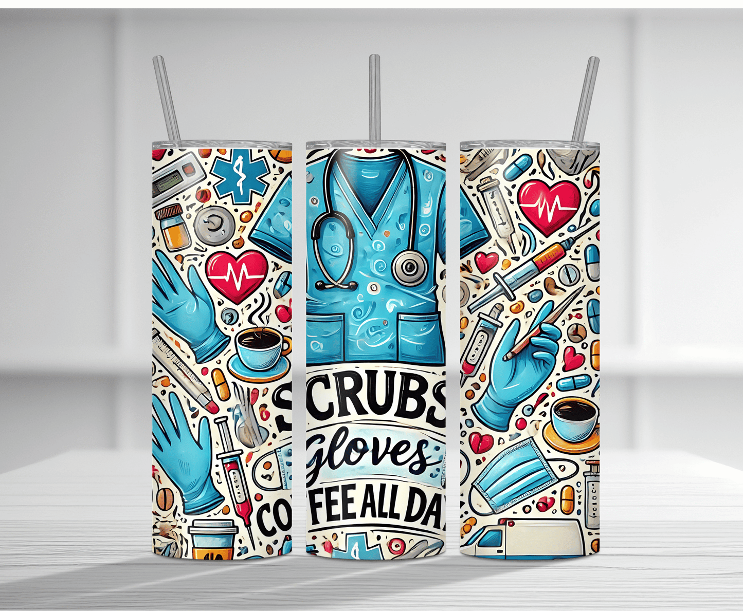 Medical-themed 20oz tumbler sublimation wrap featuring scrubs, gloves, and healthcare icons.