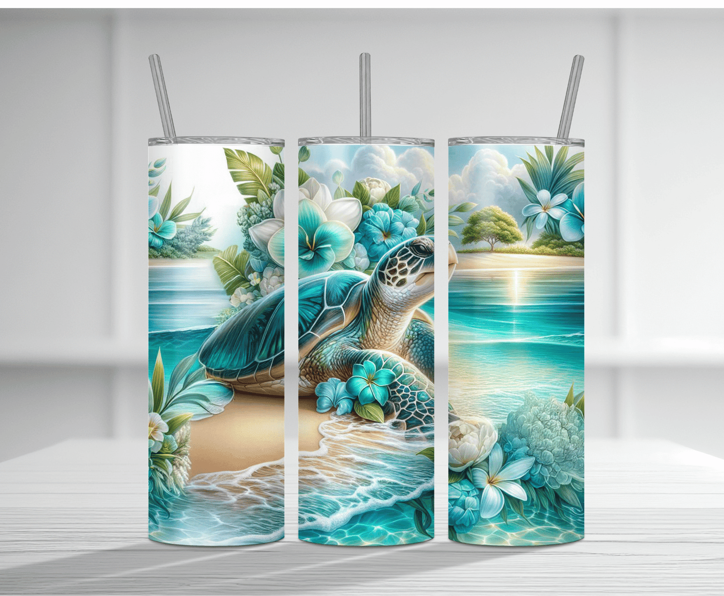 Tropical 20oz tumbler sublimation wrap featuring sea turtles and sandy beach ocean scenes.