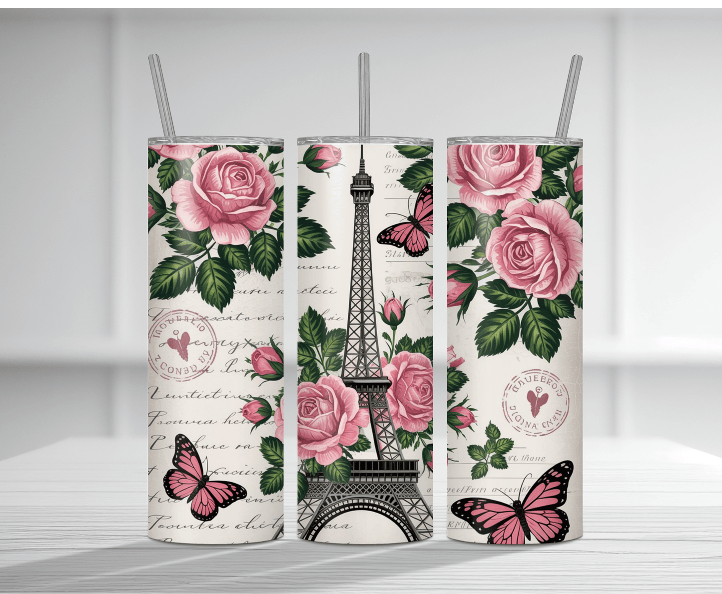 Romantic 20oz tumbler sublimation wrap featuring the Eiffel Tower with pink roses, butterflies, and vintage Paris background.