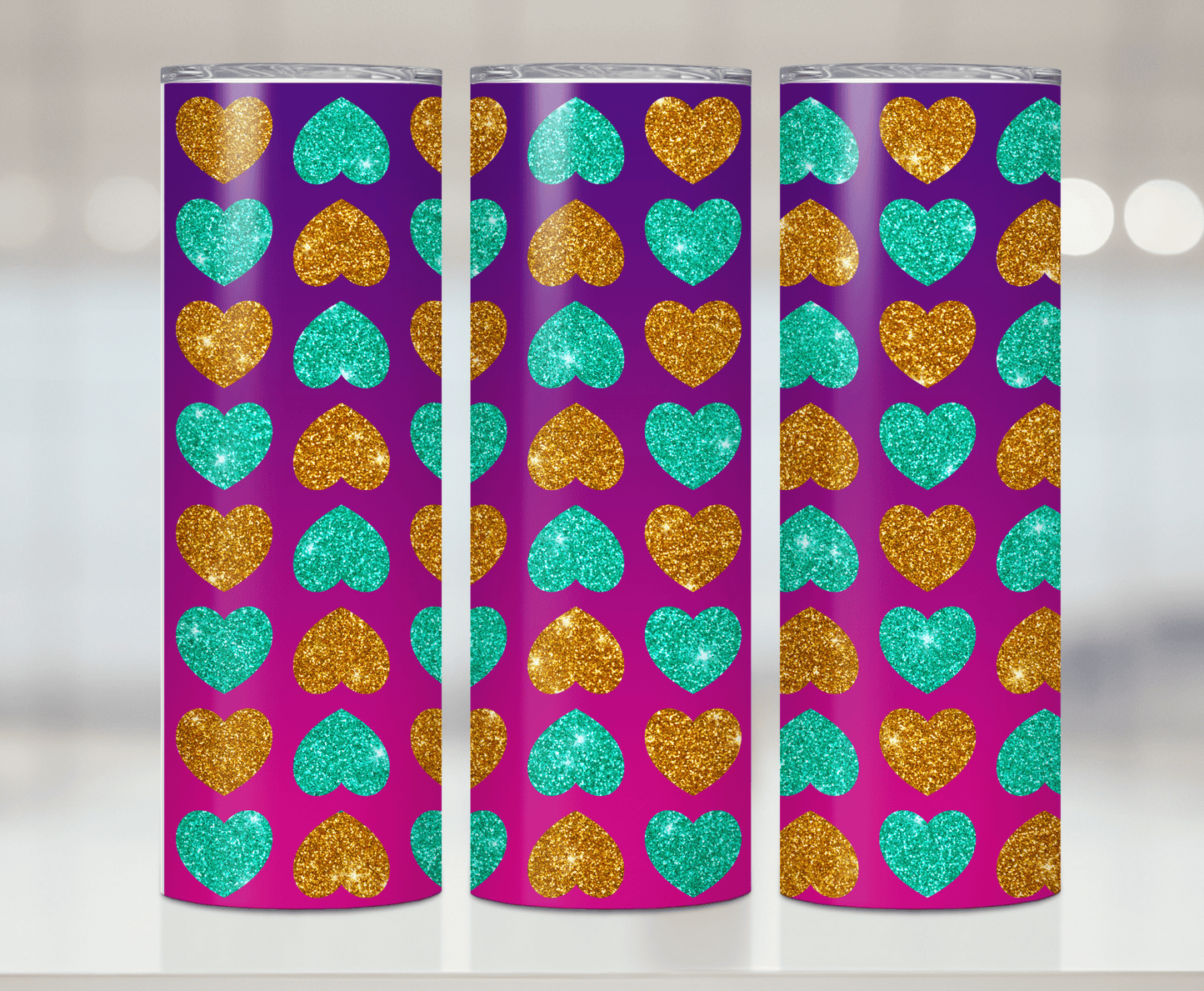Teal and Gold Hearts Print | Premium Sublimation Tumbler Transfers – Vibrant, Long-Lasting Designs