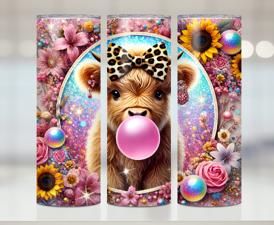 Pretty Highland Cow Bubble Gum Print | Premium Sublimation Tumbler Transfers – Vibrant, Long-Lasting Designs