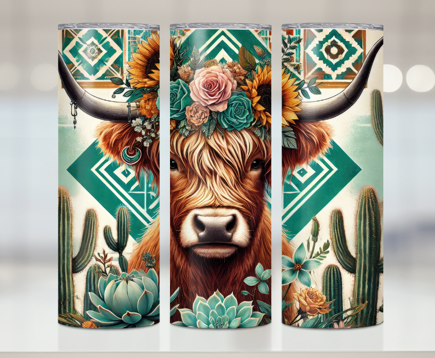 Western Highland Cow Cactus Print | Premium Sublimation Tumbler Transfers – Vibrant, Long-Lasting Designs