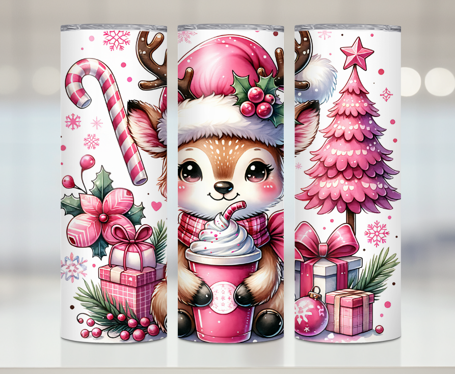 Pink Coffee Reindeer | Premium Sublimation Tumbler Transfers – Vibrant, Long-Lasting Designs