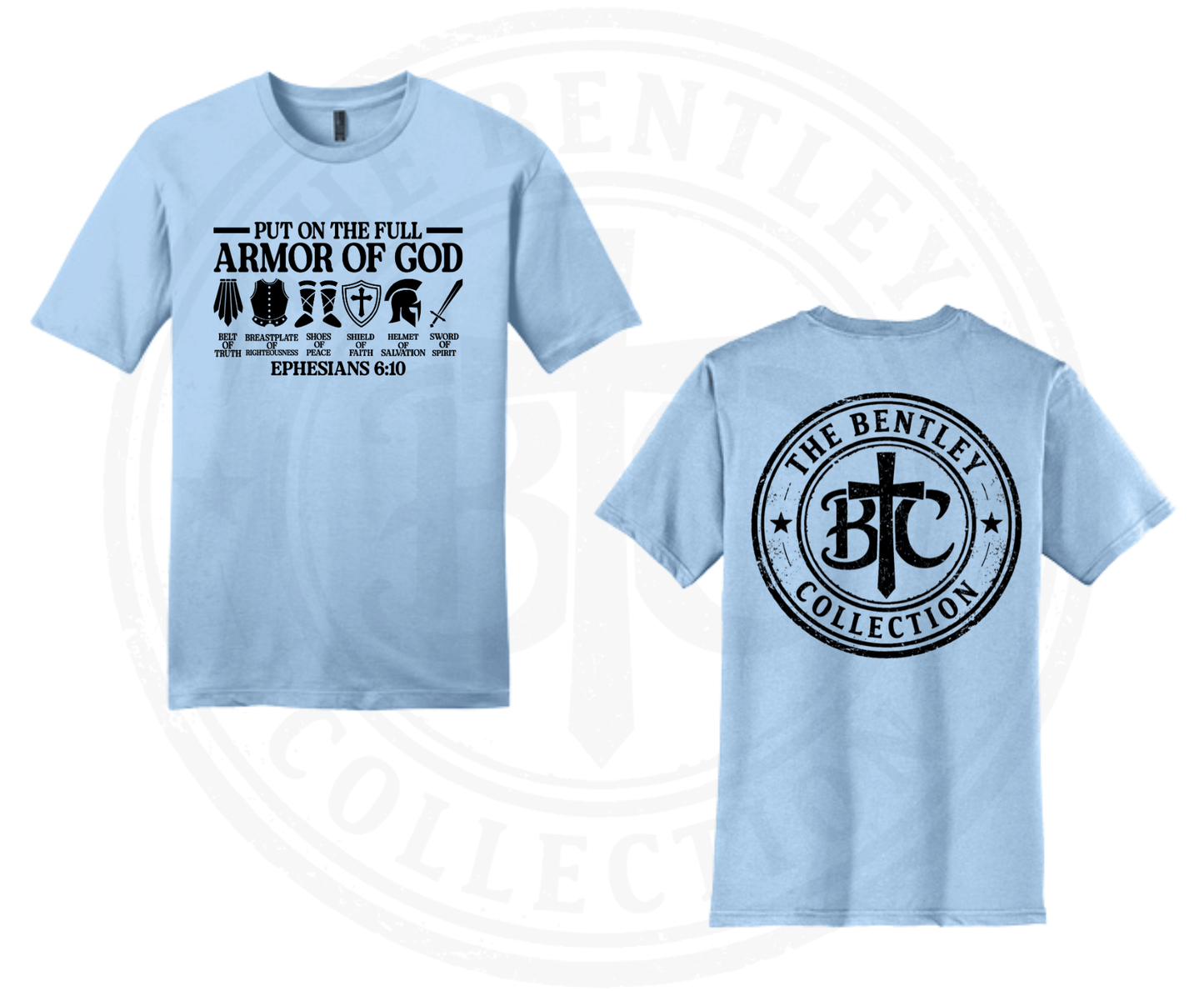 Light blue t-shirt with text and logo on front and back