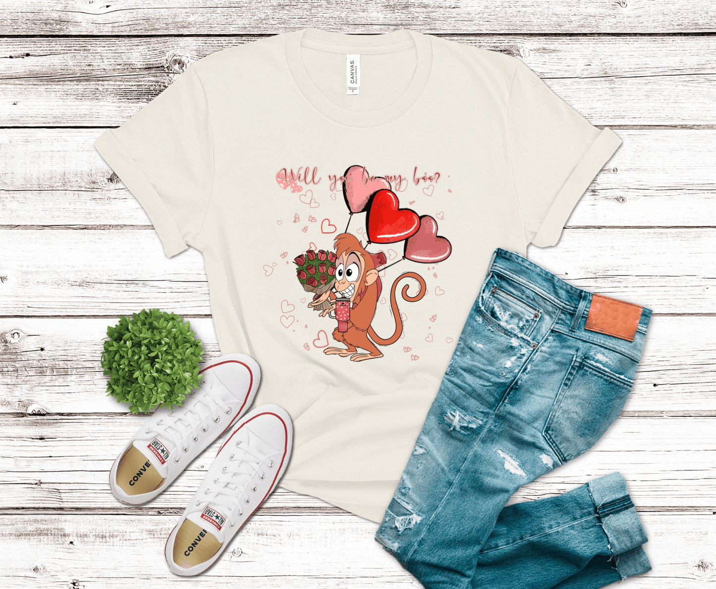 Cute cartoon monkey holding roses with heart balloons and Will You Be My Boo text in soft red and pink colors, Valentine themed DTF transfer.