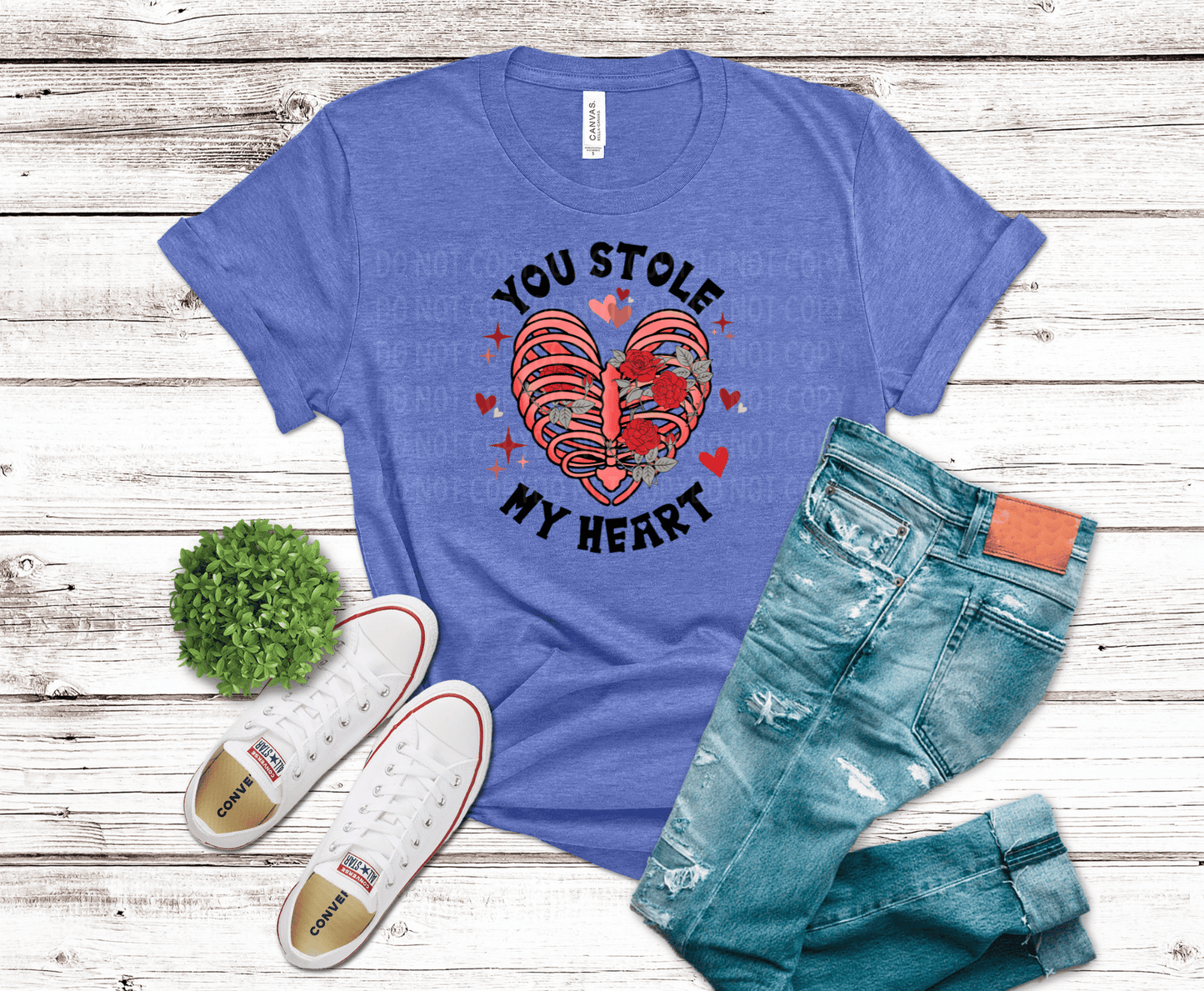 Ribcage heart illustration with red roses and “You Stole My Heart” text, romantic Valentine themed DTF transfer design.