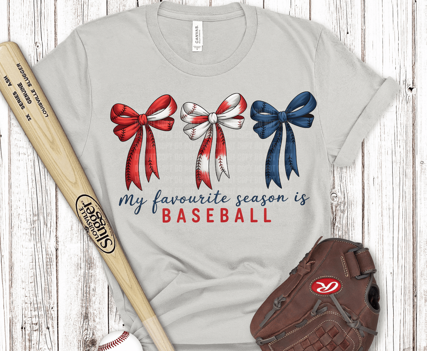 Red white and blue bows with My Favorite Season Is Baseball typography