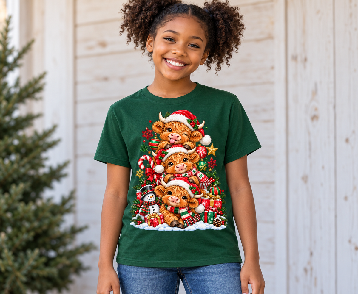 Christmas Highland cows DTF transfer design shown on a forest green shirt mockup