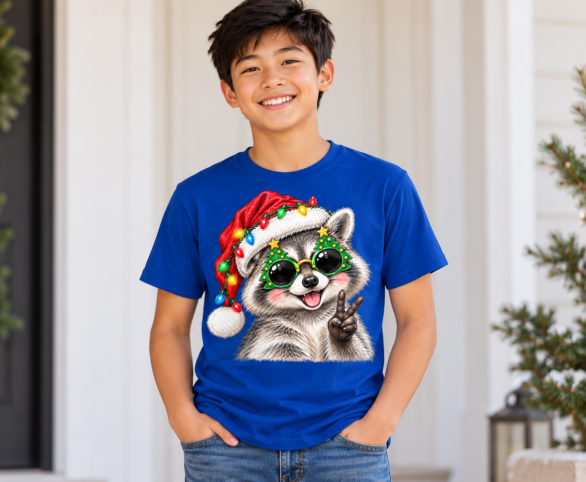 Santa hat raccoon with Christmas tree sunglasses DTF design on a royal blue shirt mockup
