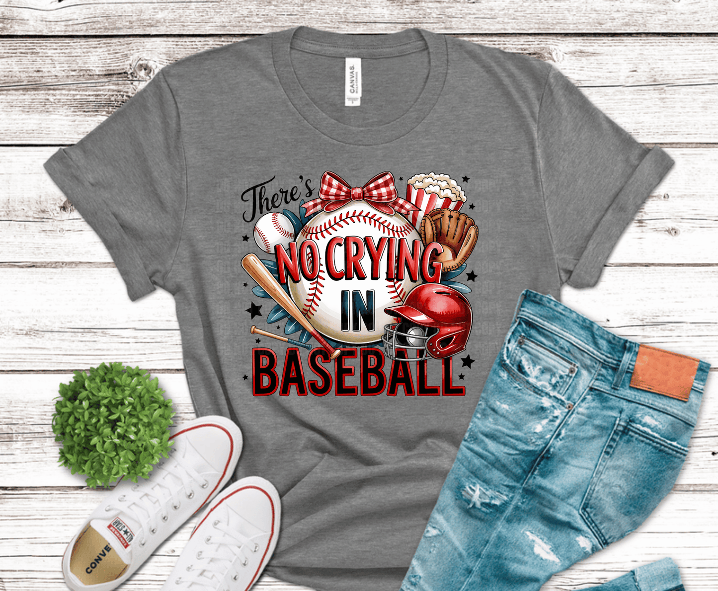 There’s No Crying in Baseball design with bat, glove, helmet and bow for funny game day shirts