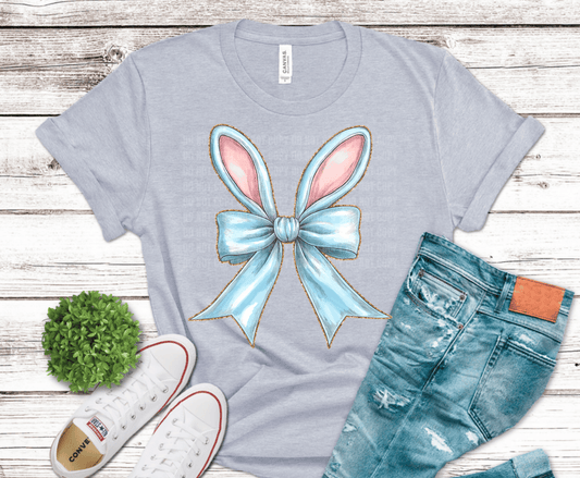 Pastel blue bow tied between bunny ears for Easter spring shirt design
