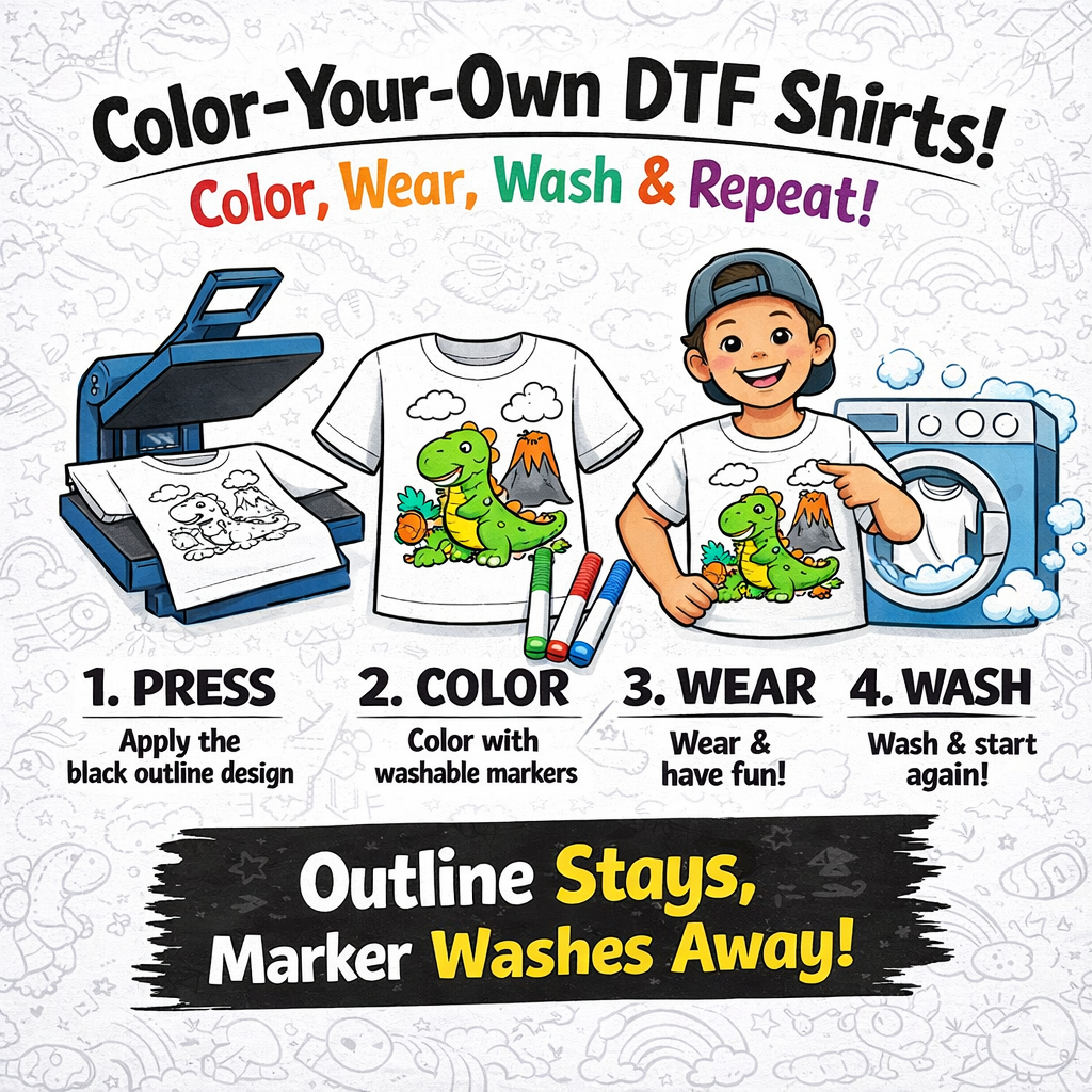 Coloring Page Shirt Youth | Premade DTF Transfer Gang Sheet For Graphic Tees