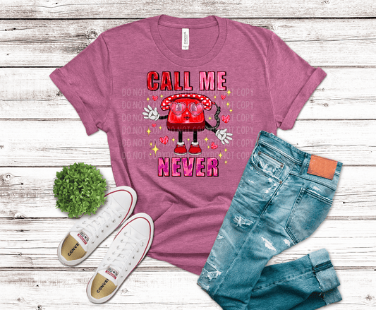 Retro red telephone character wearing heart sunglasses with the phrase “Call Me Never,” surrounded by pink hearts and sparkles, DTF transfer design.