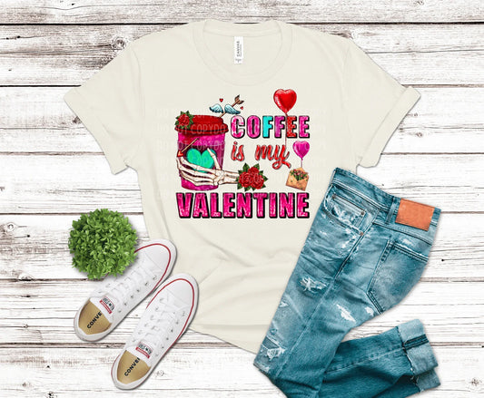 Coffee Is My Valentine DTF transfer with pink coffee cup, skeleton hand, roses, and Valentine hearts in a gothic cute style.