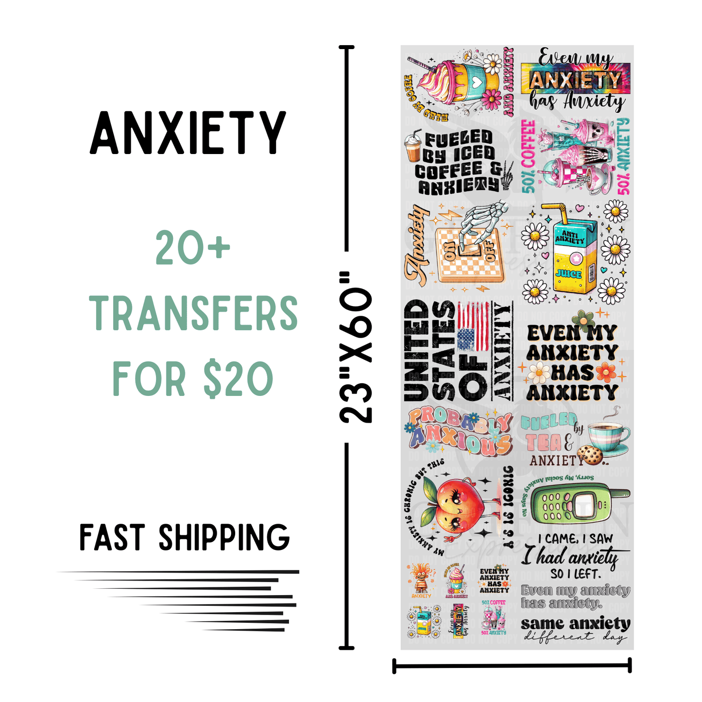 Anxiety | Dollar Deals DTF Transfer Gang Sheet For Graphic Tees