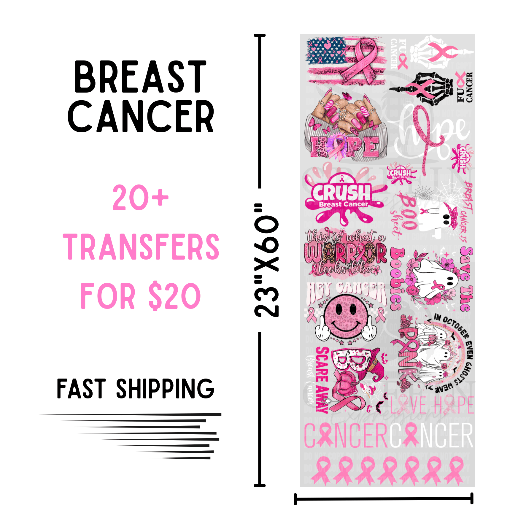 Packaging of breast cancer awareness transfers with promotional text on a white background