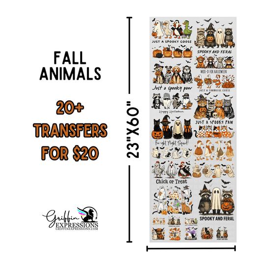 Sheet of fall-themed animal transfers with dimensions and pricing information.
