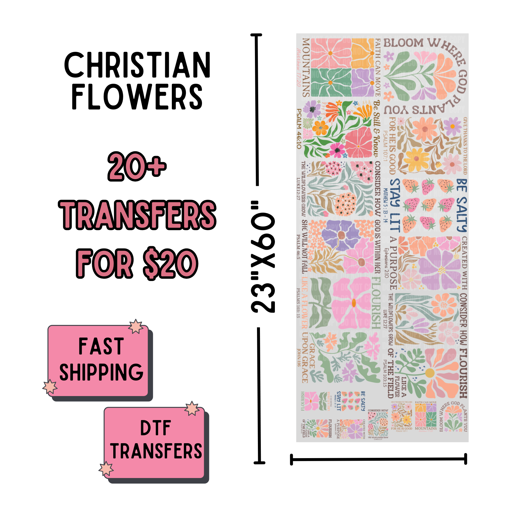 Floral and text transfers with promotional text on a white background