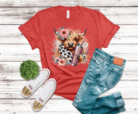 Highland Cow with tumbler flowers and leopard print DTF transfer, ready to press heat transfer for cute shirts