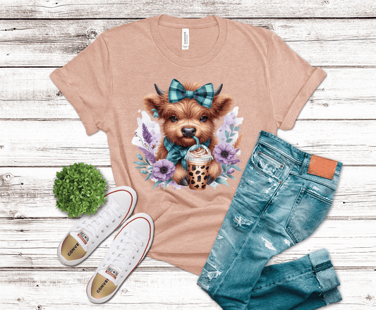 Highland Cow with bow iced coffee and flowers DTF transfer, ready to press heat transfer for cute shirts