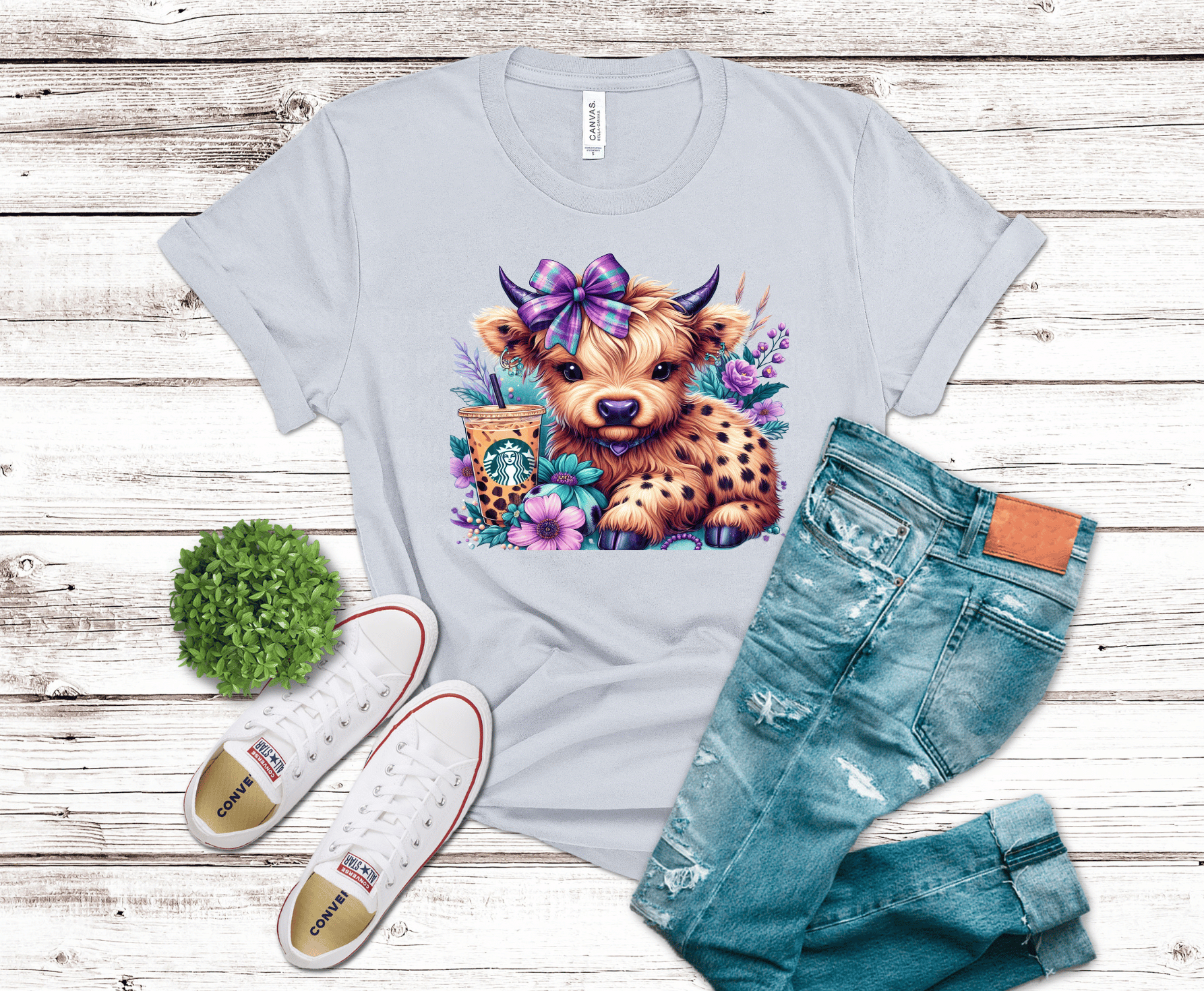 Highland Cow purple teal with coffee cup DTF transfer, ready to press heat transfer for cute shirts