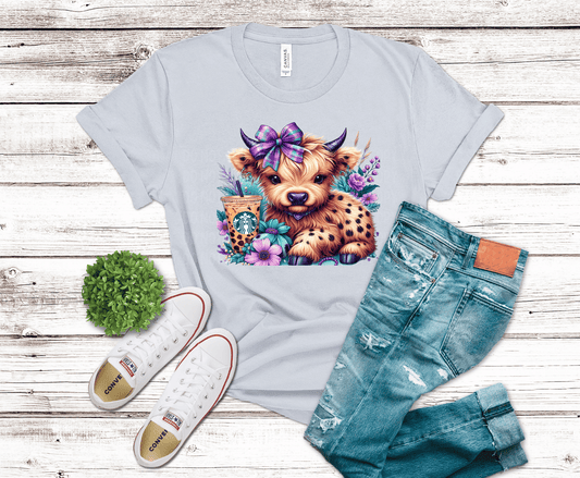 Highland Cow purple teal with coffee cup DTF transfer, ready to press heat transfer for cute shirts