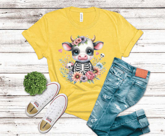 Skeleton Floral Cow with flowers DTF transfer, ready to press heat transfer for cute shirts