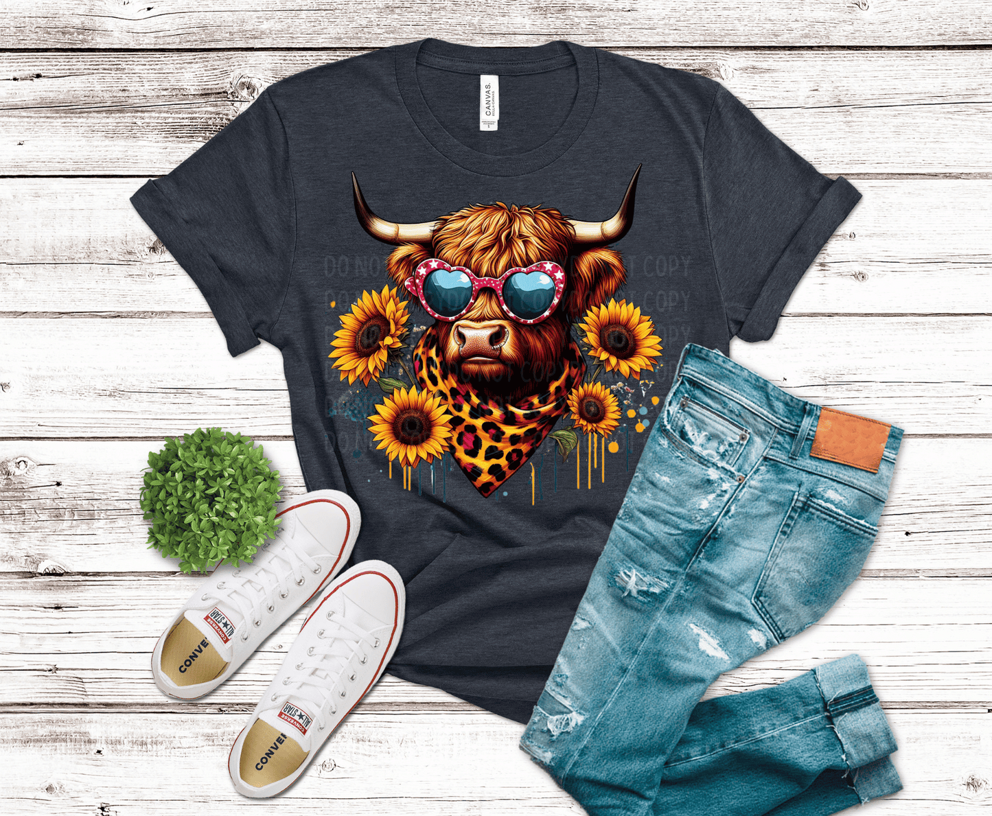 Sunflower Leopard Highland Cow with sunglasses DTF transfer, ready to press heat transfer for cute shirts