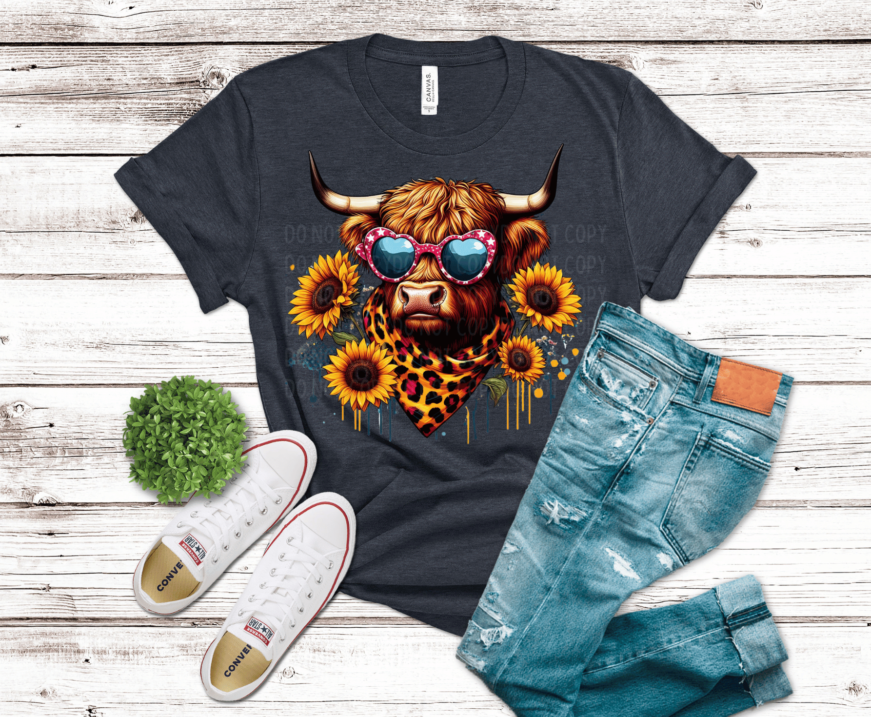 Sunflower Leopard Highland Cow with sunglasses DTF transfer, ready to press heat transfer for cute shirts