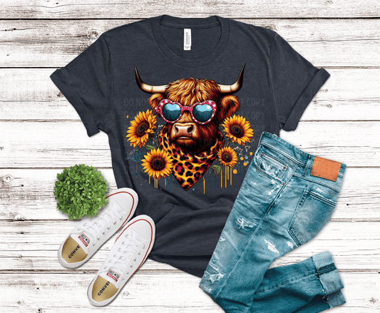 Sunflower Leopard Highland Cow with sunglasses DTF transfer, ready to press heat transfer for cute shirts