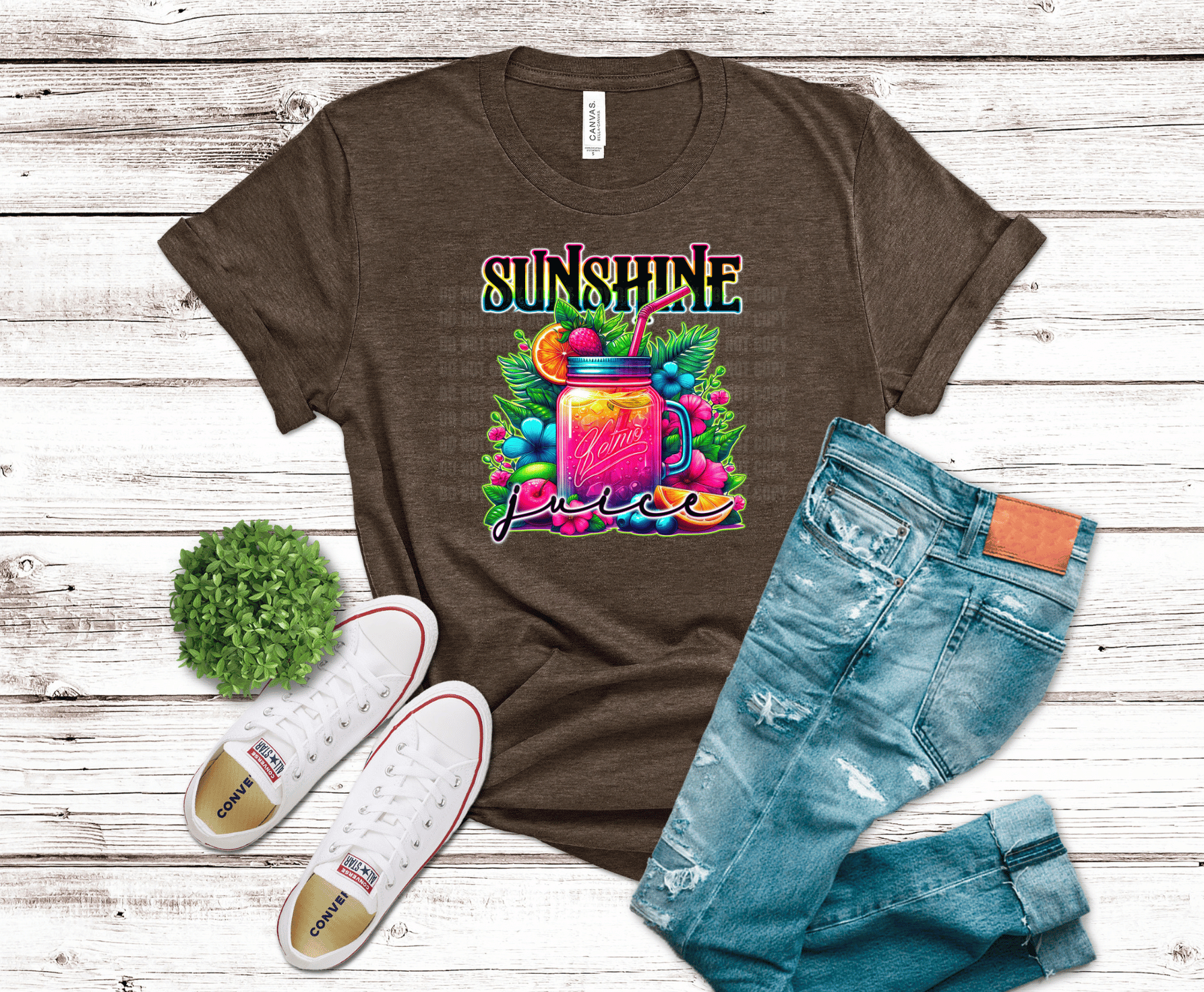 Colorful tropical drink with fruits and text Sunshine Juice.