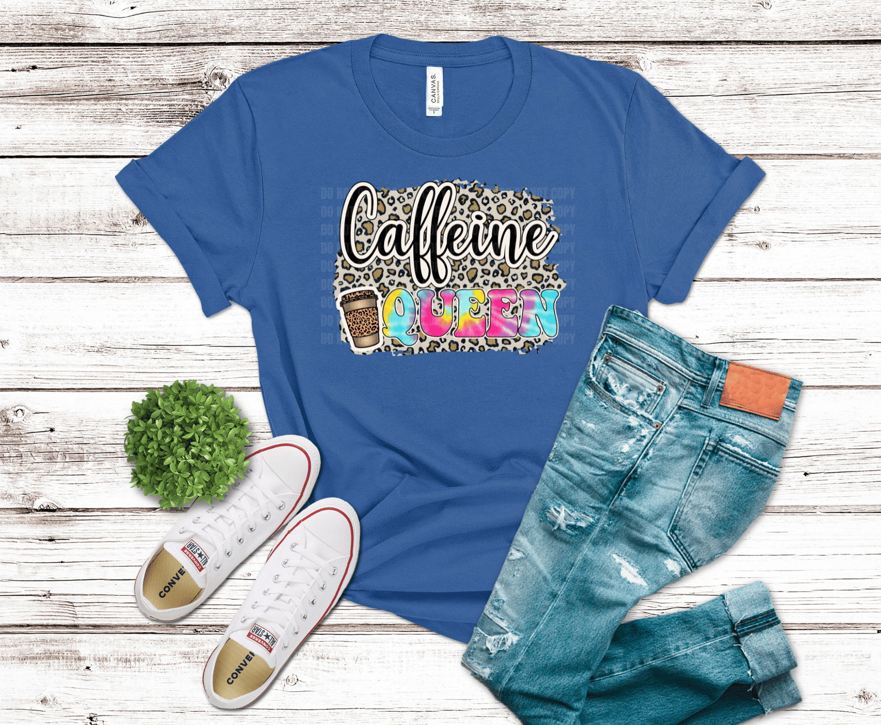 Caffeine Queen text with leopard print and colorful lettering.